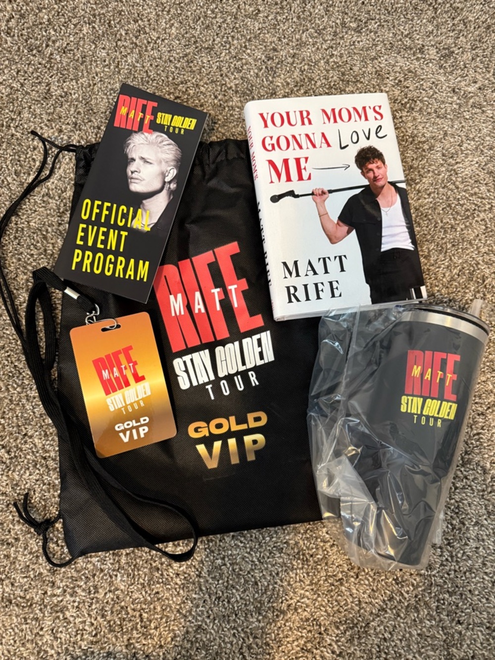 Matt Rife Stay Golden Tour Gold VIP Black Drawstring Tote with Tumbler and Book